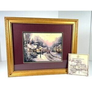 Vtg 2002 Thomas Kinkade Village Christmas Print Framed With COA Collector Art